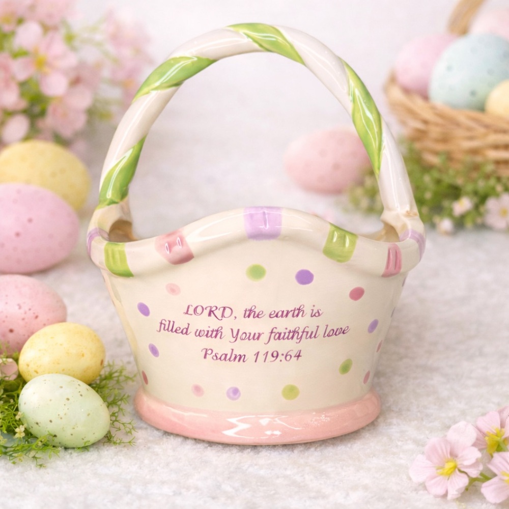 Decorative Easter Basket with Psalm 119:64, ceramic EUC